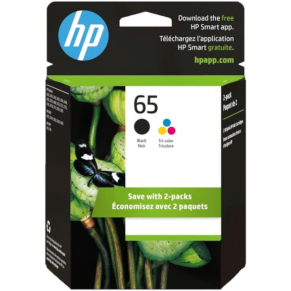 HP 65 Black and Tri-Color Ink Cartridges for HP DeskJet 2600, 3755, ENVY 5055 Series Printers, 2 Count (Sold Without Manufacturer Warranty) Packaging May Vary