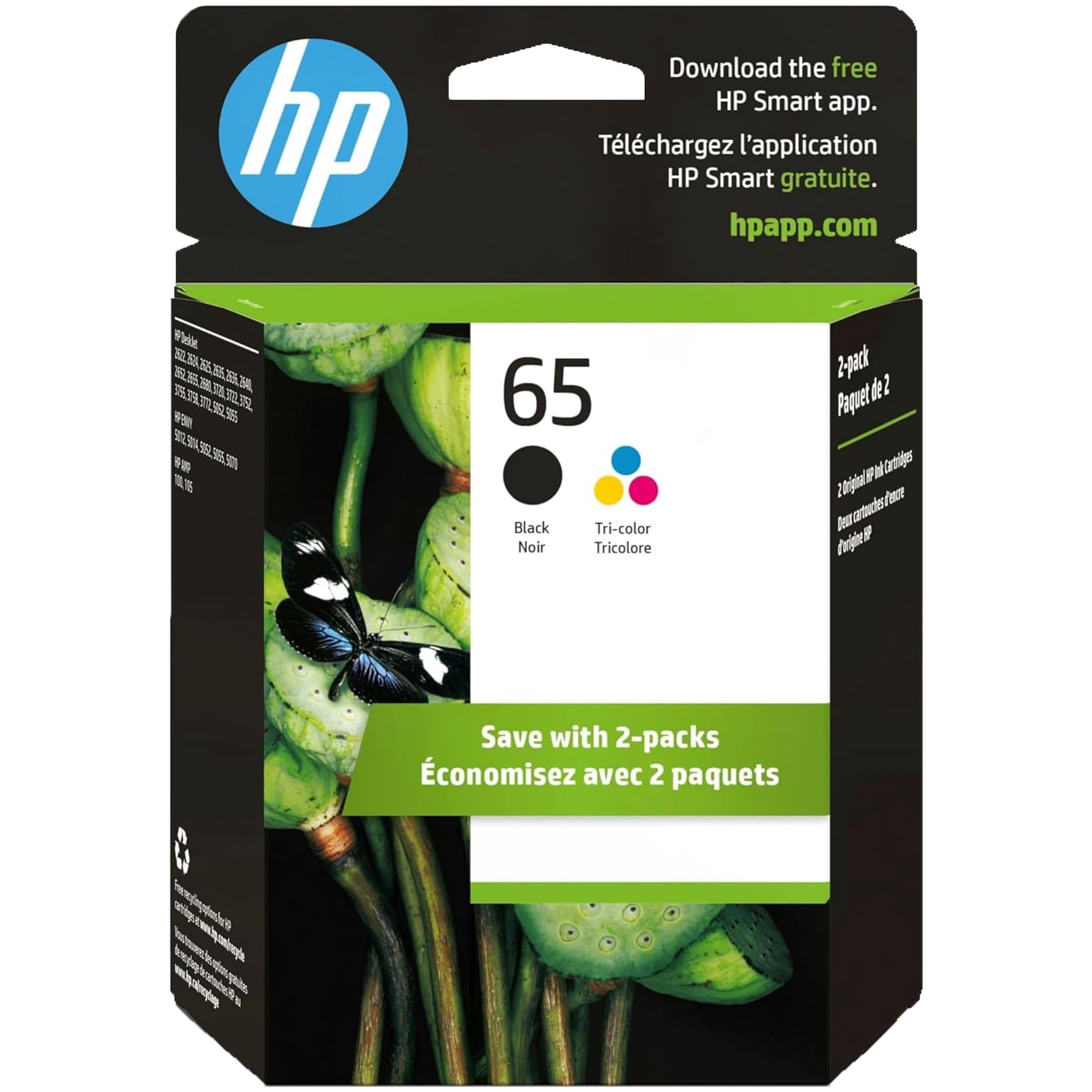 HP 65 Black and Tri-Color Ink Cartridges for HP DeskJet 2600, 3755, ENVY 5055 Series Printers, 2 Count (Sold Without Manufacturer Warranty) Packaging May Vary