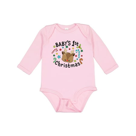 

Inktastic Baby s 1st Christmas Cute Reindeer with Candy Canes Gift Baby Boy or Baby Girl Long Sleeve Bodysuit