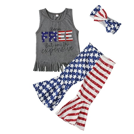 

Toddler Outfits Sets Summer Girls 4Th Of July Words Tassel Sleeveless Independence Day T Shirt Tops Pants Hairband 3Pcs Kids Clothes Suit