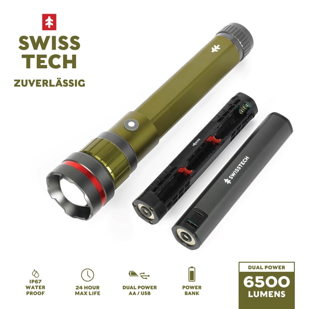 Swiss Tech Zuverlässig LED Flashlight with Power Bank, 6500 Lumens