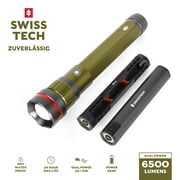 (2 pack) Swiss Tech Zuverlässig LED Flashlight with Power Bank, 6500 Lumens, Dual Power Rechargeable and AA Batteries