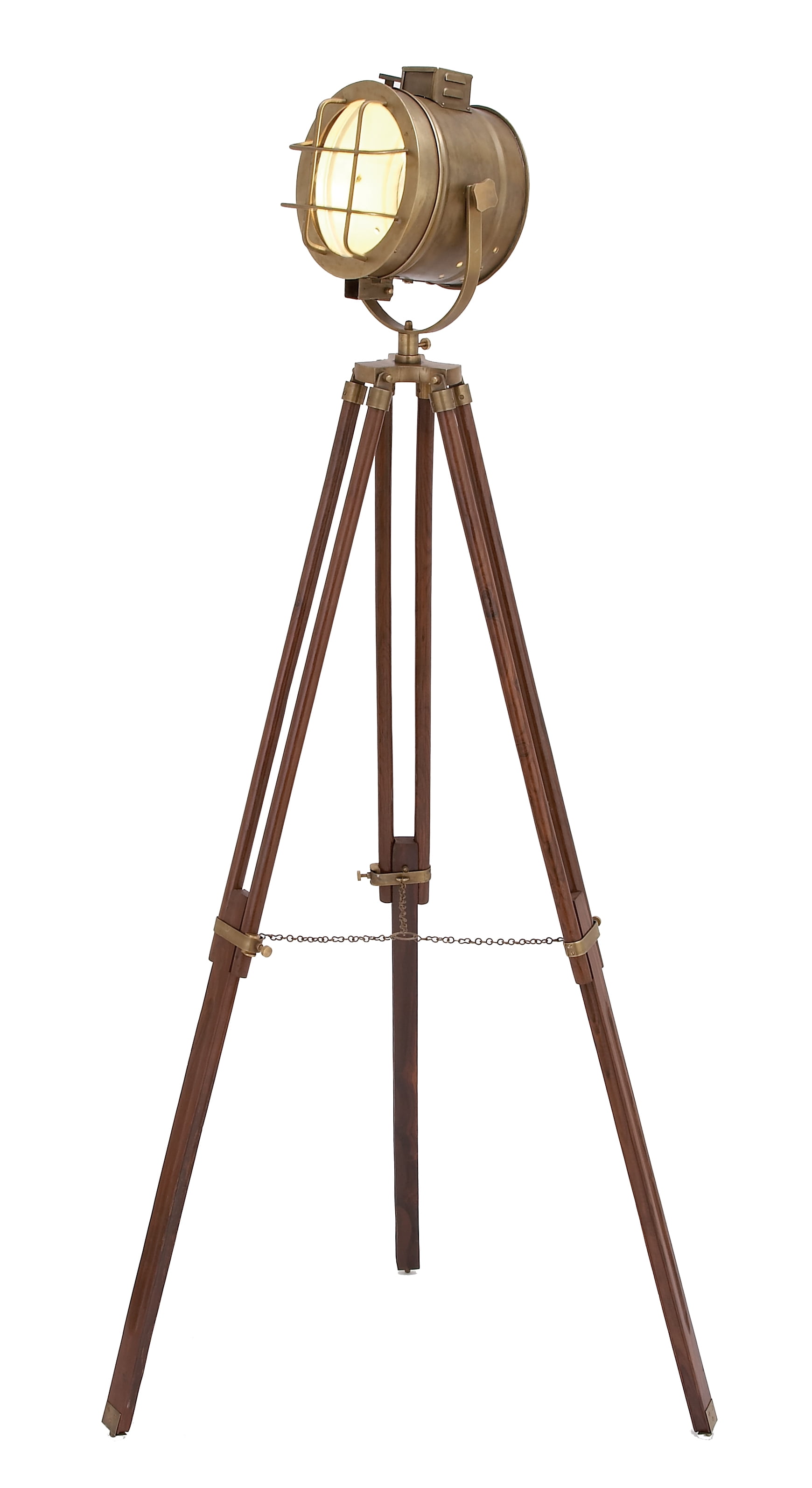 Decmode 28 X 70 Tall Industrial Brass Wood Tripod Floor Lamp W Spotlight Metal Cage Shade
