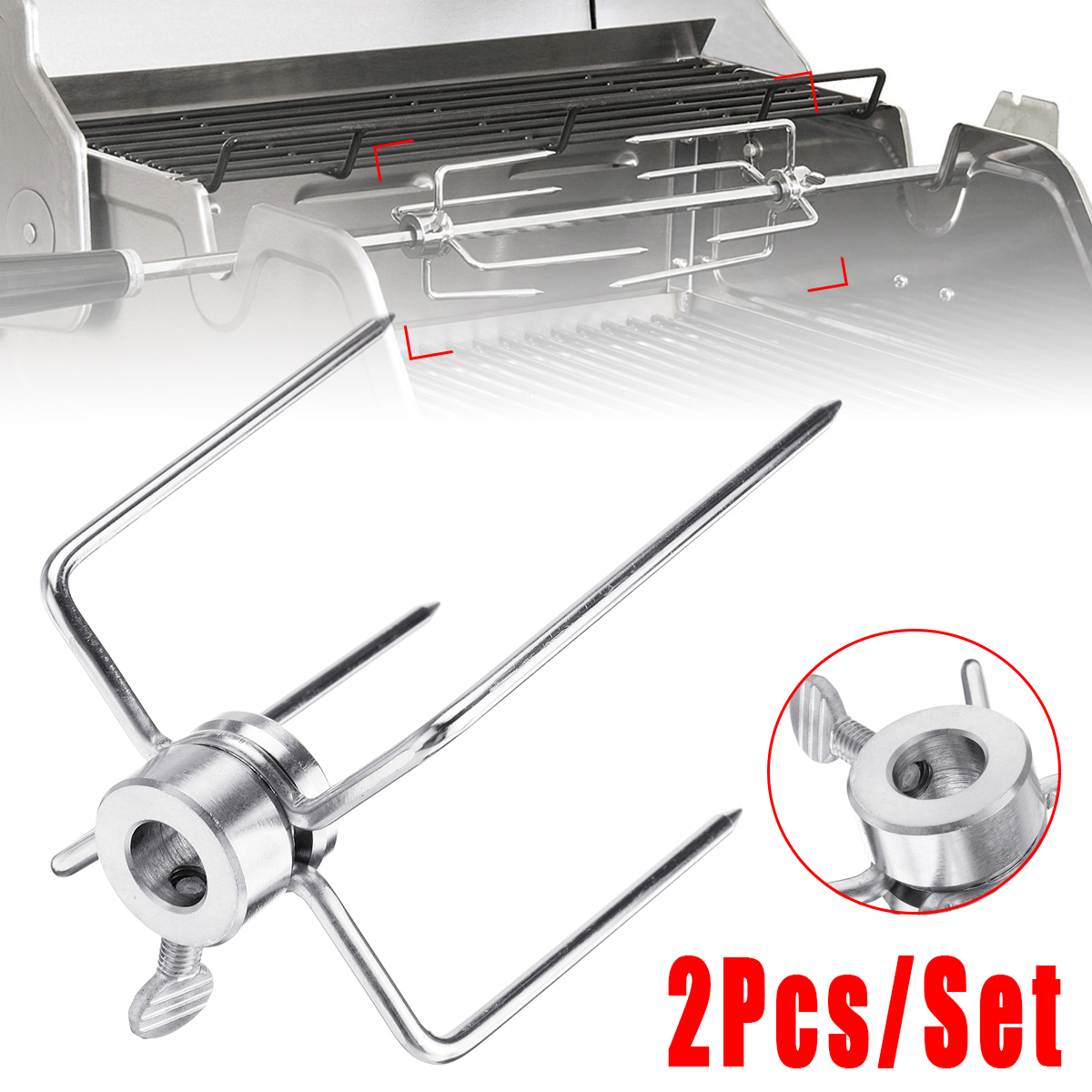 2 Pcs BBQ Barbecue Forks Stainless Steel Rotisserie Grill Spit