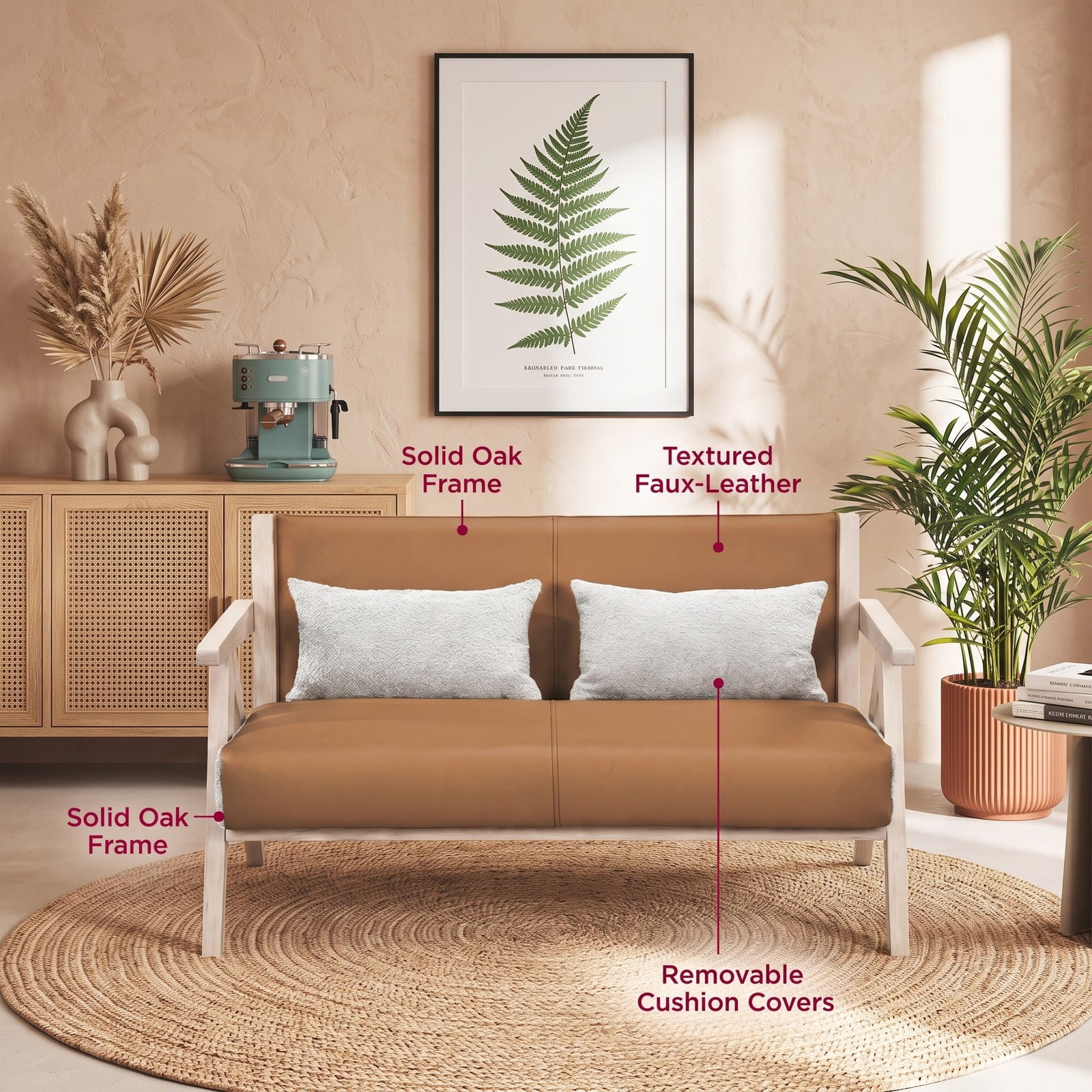 Furnibear Loveseat Sofa for Small Spaces, Modern 2-Seater Upholstered Chenille & Faux Leather Couch with 2 Throw Pillows, Rubber Wood Frame, Pocket Spring, Brown