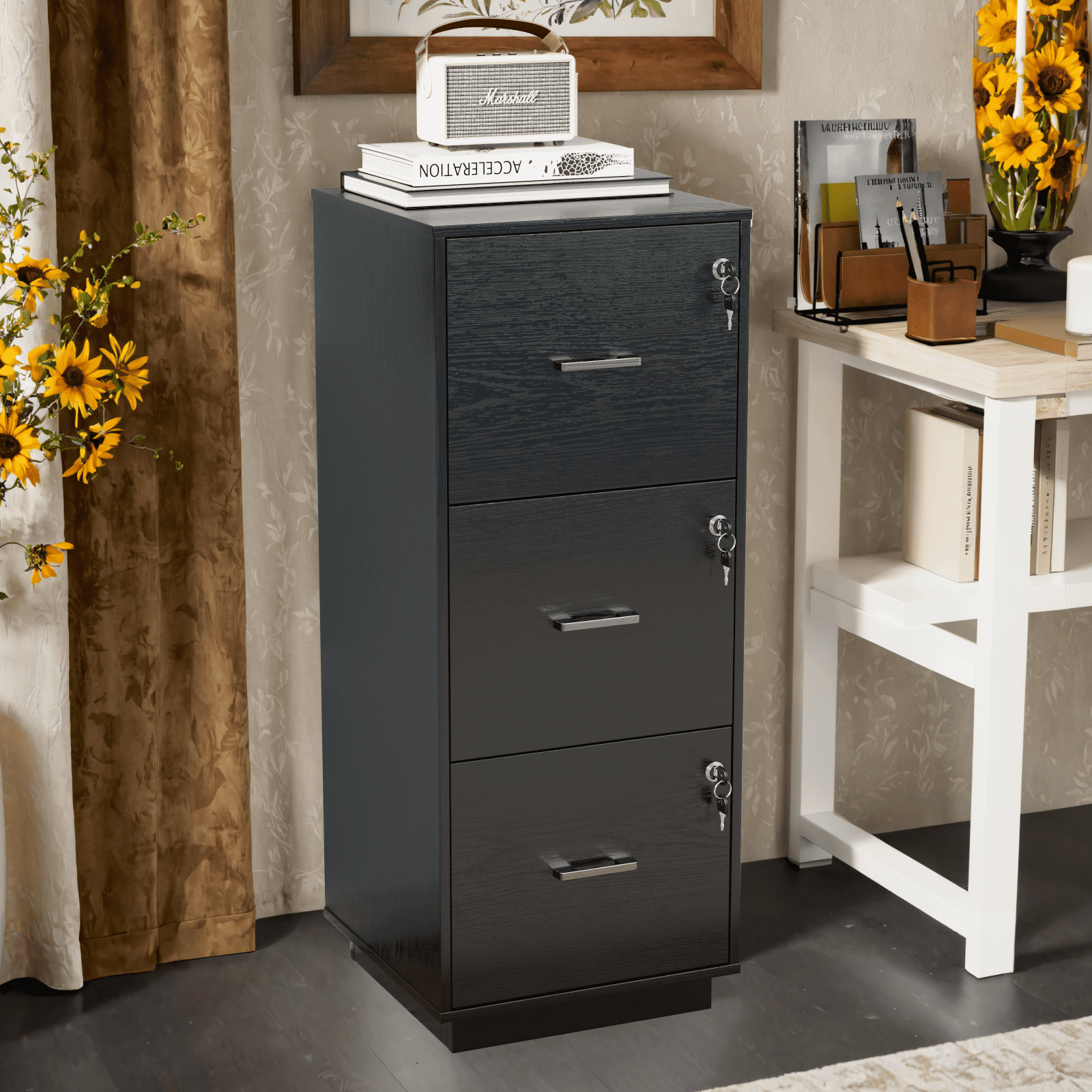 Ktaxon Wood 4-Drawer Lateral File Cabinet with Lock for Home Office, Lockable Filing Cabinet, Easy to Assemble, Black