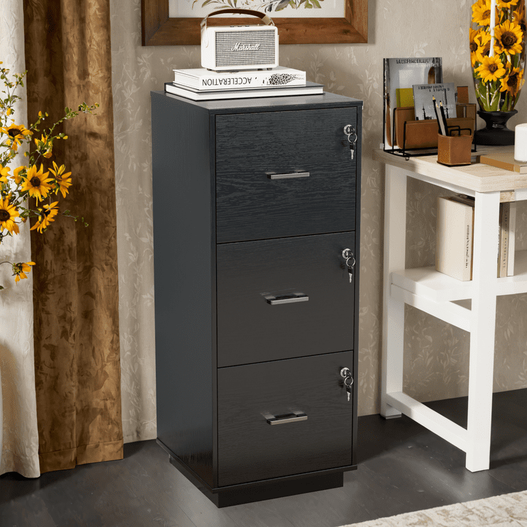 Ktaxon, Wood 3-Drawer Lateral File Cabinet with Lock, Black