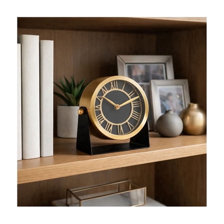 Elegant Metal Desk Clock for Living Room Table Display - Sleek Small Clock Accent for Home Office Desk, Mantel or Shelf Placement - Decorative Table Feature for Study Room Interior - 6, Gold & Black