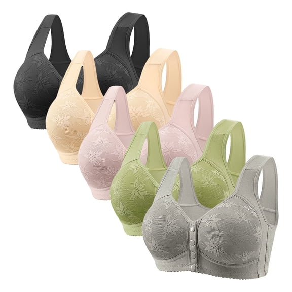 Womens 5 Pack Everyday Bras, Daisy Bras for Older Women Front Closure Push up Bra No Underwire Senior Bra with Snaps Breathable Cotton Bras 36-50