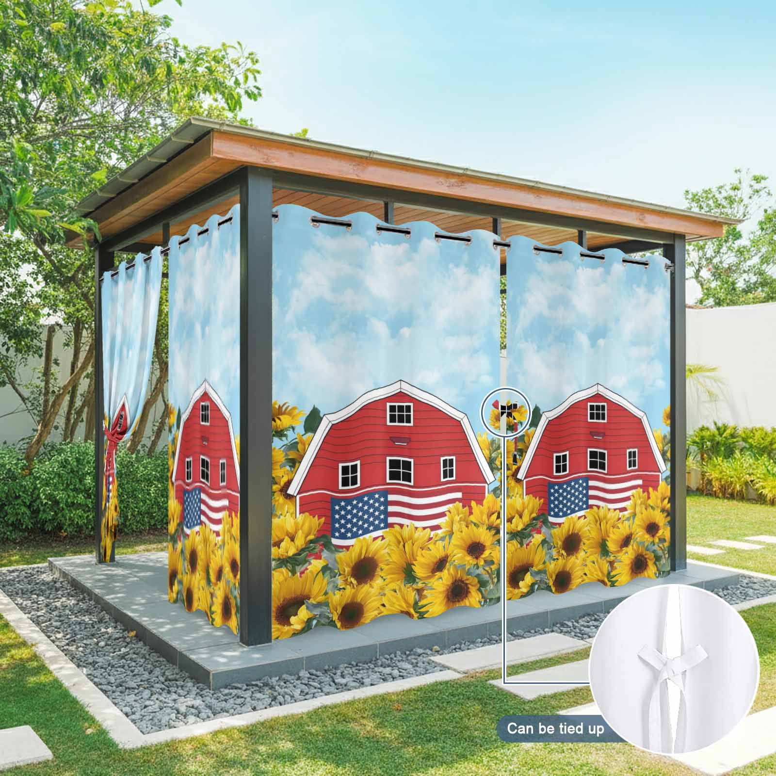 Independence Day Outdoor Curtains for Patio, U.S. Flag Themed Red Barn Farmhouse Sunflower Sunshade Privacy Drapes Grommet Waterproof Outside Curtains for Porch/Cabana/Balcony 54"x 108", 1 Panel