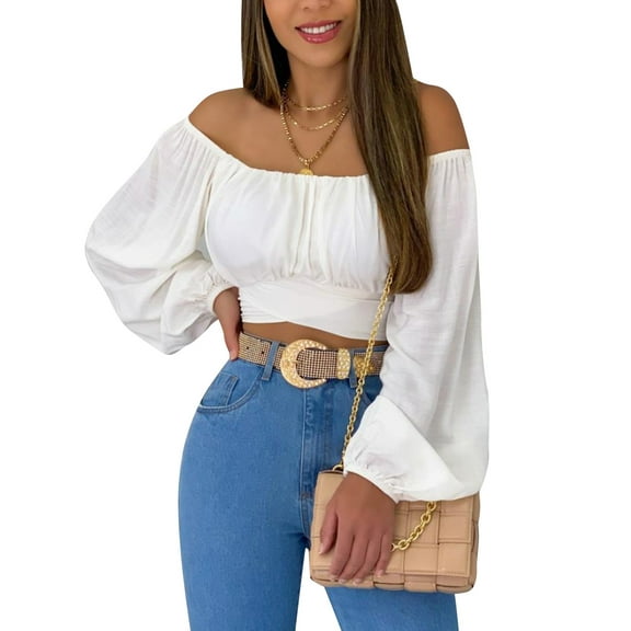 Michellecmm Women’s Off Shoulder Long Sleeve Tie Knot Back Ruched Crop Tops