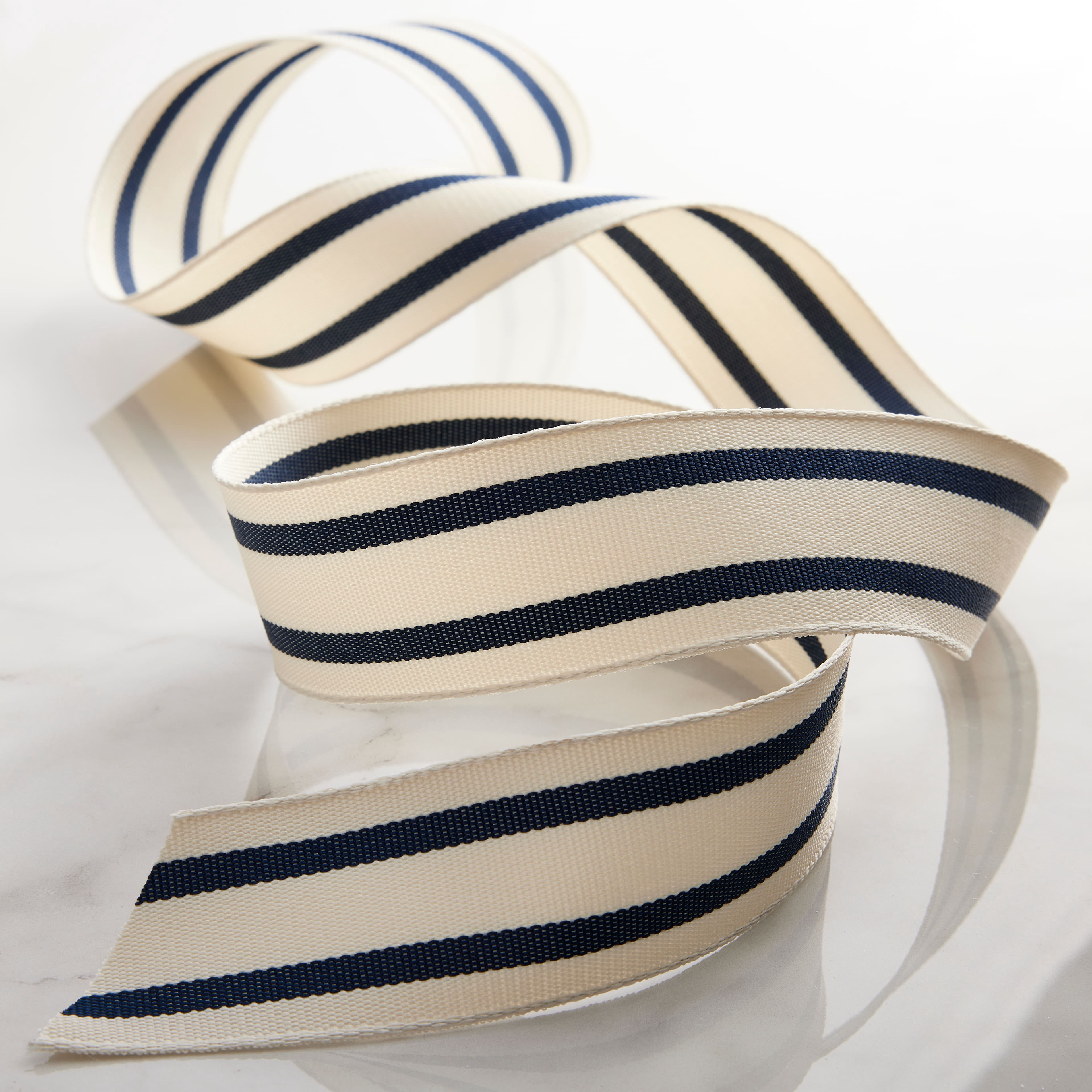 1.5" x 3yd. Navy Wired Ticking Stripe Ribbon by Celebrate It – Woven Selvage Edge - Ideal for Wreaths - Gift Wrapping & Seasonal Decor - 12 Pack