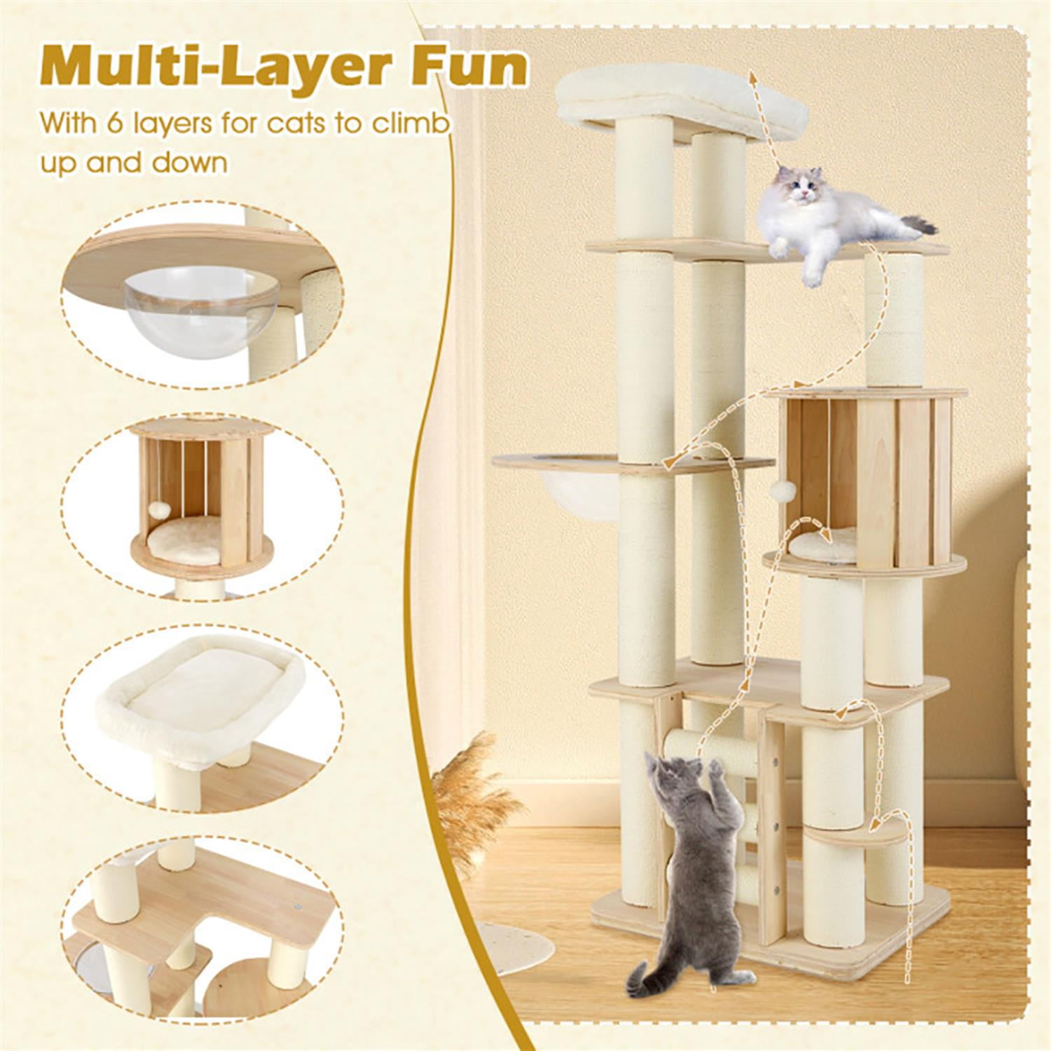 resenkos 71" Modern Cat Tree with Toy, Cat Tower Condo for Indoor Cats with Cozy Wooden Condos, Top Perch and Space Capsule, Beige