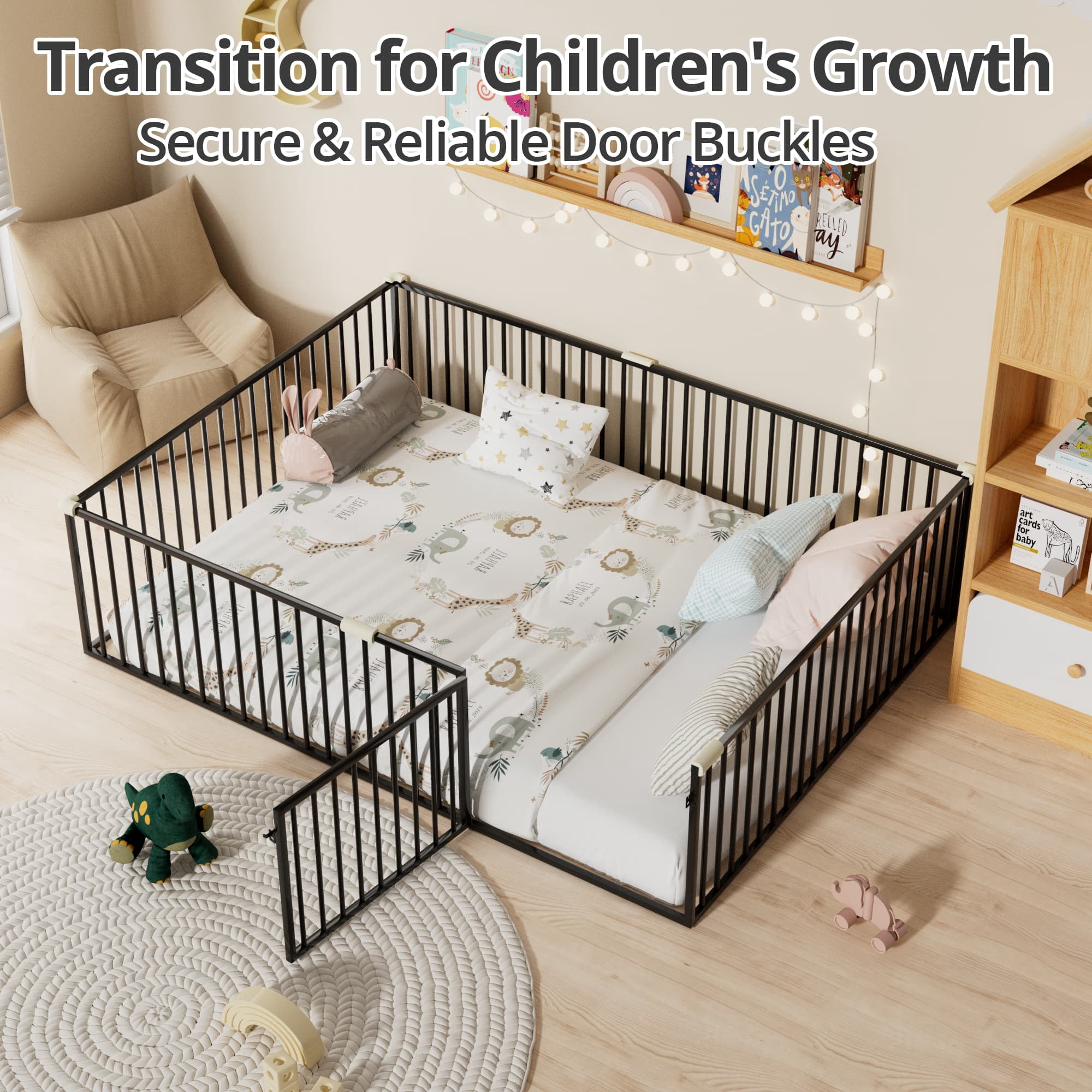 Queen Size Montessori Floor Bed with Safety Fence and Door, Metal Floor Bed Frame with Rails, Minimalist Versatile Floor Bed for Children Bedroom, Toddlers, Boys Girls, Kids Playroom, Black