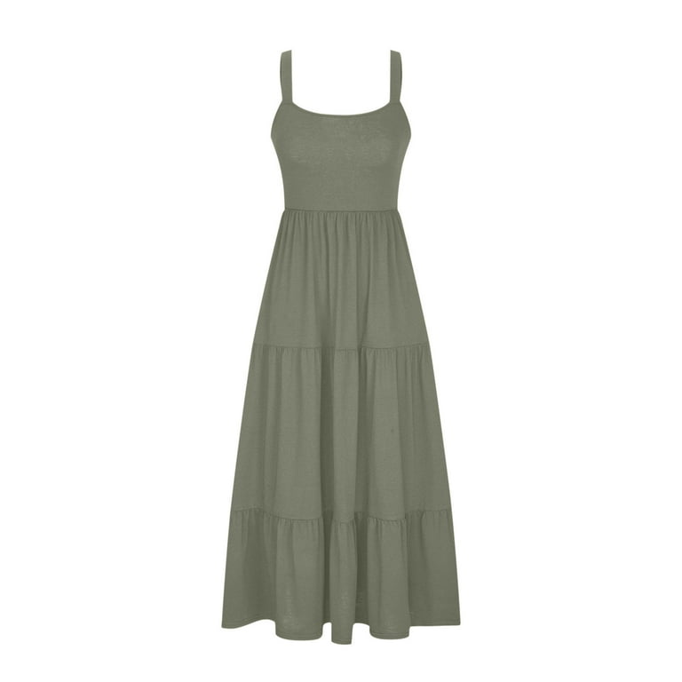 Lovskoo 2024 Womens Summer Dresses Sleeveless Spaghetti Strap Flowy Tiered Maxi Dress with Pockets Casual Beach Long Sundresses Olive Green S, Women's