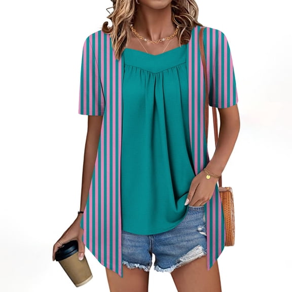 New trending & for spring GaThRRgYP Womens Plus Size Tops Tunic Short Sleeve Shirts,Women's Fashion Printed Fake Two Piece Short Sleeve Round-Neck Blouses Purple S
