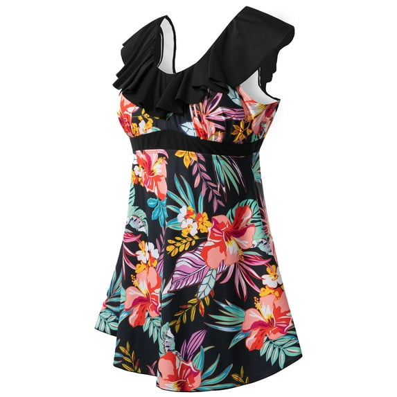 Wantdo Women's Plus Size Swim Suits V Neck Floral Printed Swimdress A-line Swim Dress with Skirt Azalea Floral 26/28 Plus