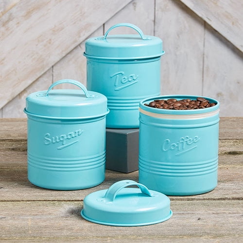 Set of 3 Vintage Metal Canisters Blue