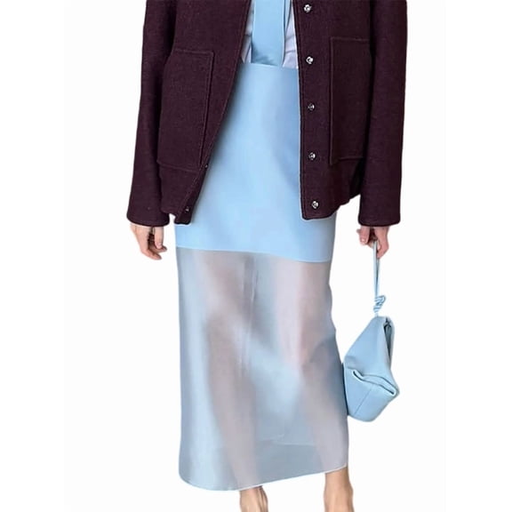 Women'S Sheer High Waist Skirt Fashion Chic Casual  Midi Pencil Skirt Elegant See Through Blue S