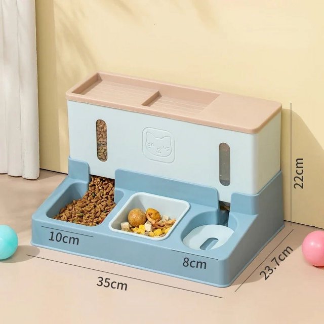 Pet Cat Dog Automatic Feeder 3-in-1 Dog Cat Feeding Food Bowl Double Bowl Drinking Water Raised Stand Dish Bowls Pet Supplies ShopWise Round
