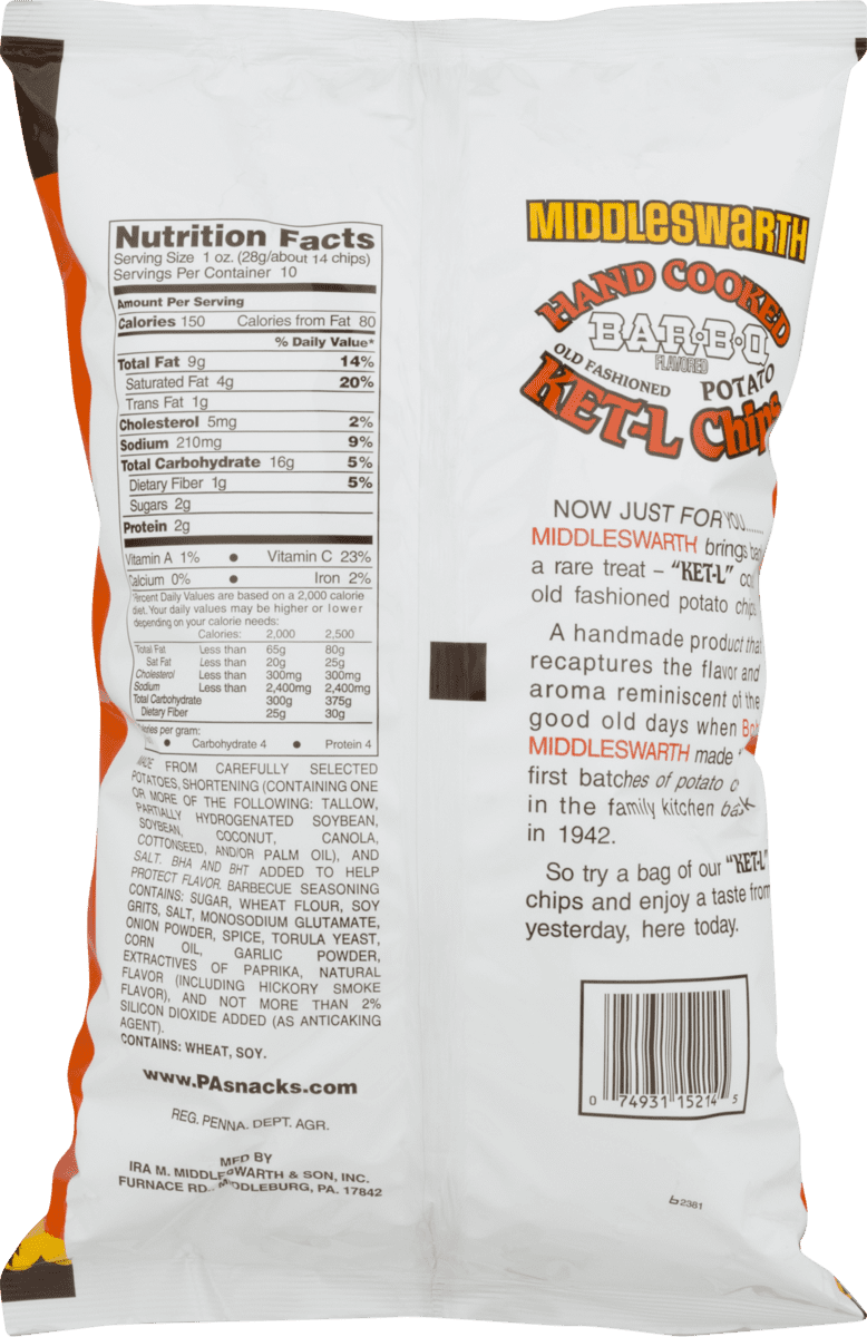 Middleswarth KET-L Potato Chips Bar-B-Q Flavored The Weekender, 9 oz. (4 Bags)