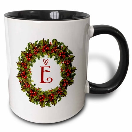 3drose Letter E- Red Berry Holly Wreath with Scribble Heart 15oz Two-tone Black Mug