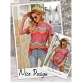 thumbnail image 6 of HUBERY Women Stripe Printed Contrast Color Split Hem Round Neck Short Sleeve Top, 6 of 7