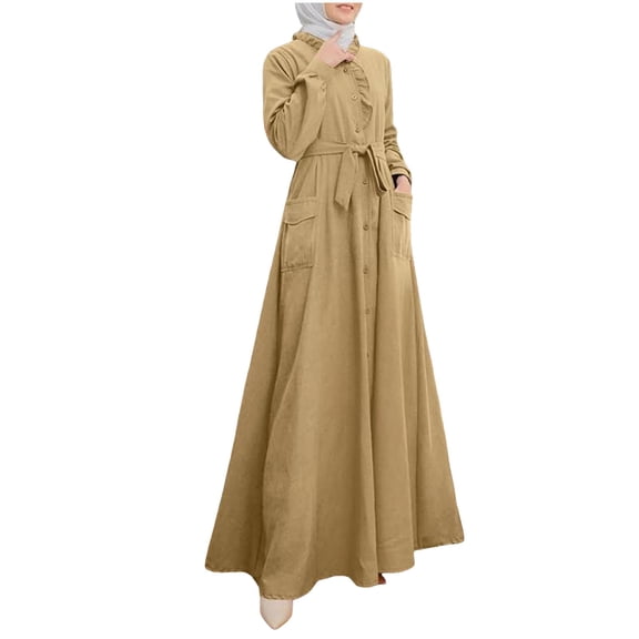 Women's Long Sleeve Button Down Abaya Casual Dress Dubai Outfits