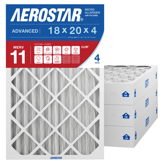 Aerostar 18x20x4 MERV 11 Pleated Air Filter, 4 Pack, Furnaces Filter, HVAC Filter