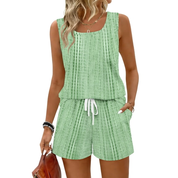 Sewkxo Two Piece Sets for Women Summer Lounge Short Sets Tank Square Neck Sleeveless Sweat Suit With Pocket,Green L