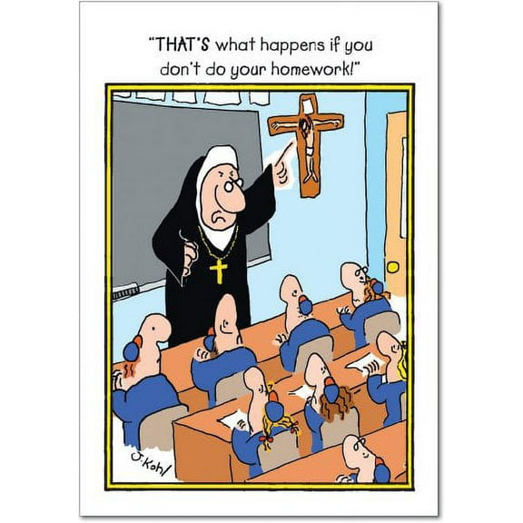 Funny Graduation Greeting Card with 5 x 7 Inch Envelope (1 Card) Homework - Nun Pointing at Crucifixion Cross in Classroom