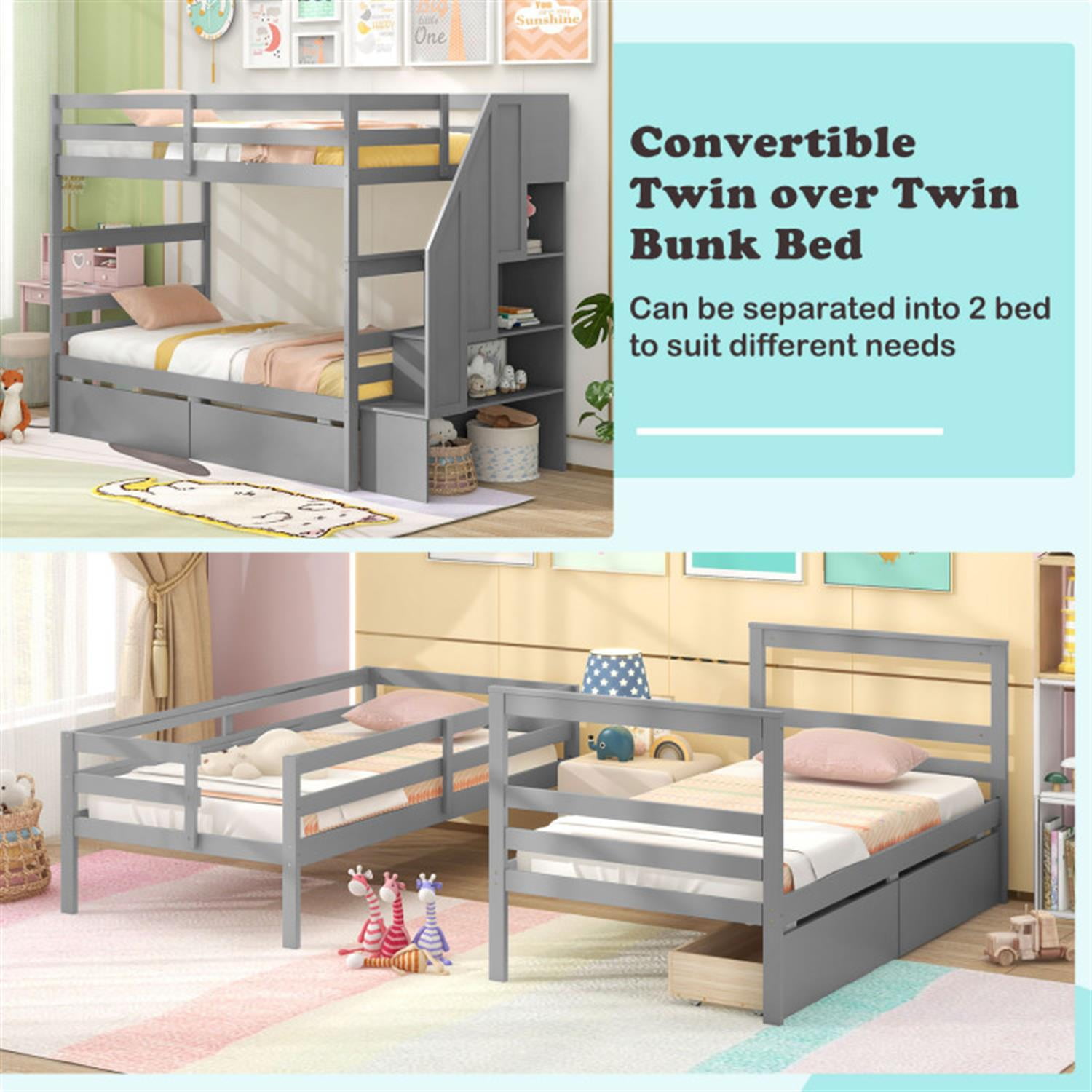 Demi Bonn Twin Over Twin Bunk Bed with Storage Stairs and Drawers, Solid Wood Bunkbeds Frame for Bedroom, No Box Spring Needed, Gray