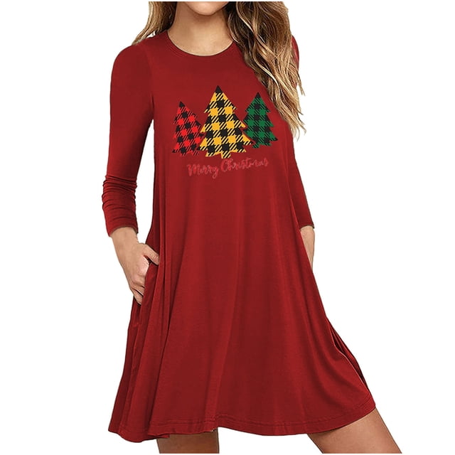 Robes d'Automne pour Femmes Col Rond Imprimé de Noël Robe à Manches Longues Décontractée Robe Mini Fluide de Vacances avec Poches