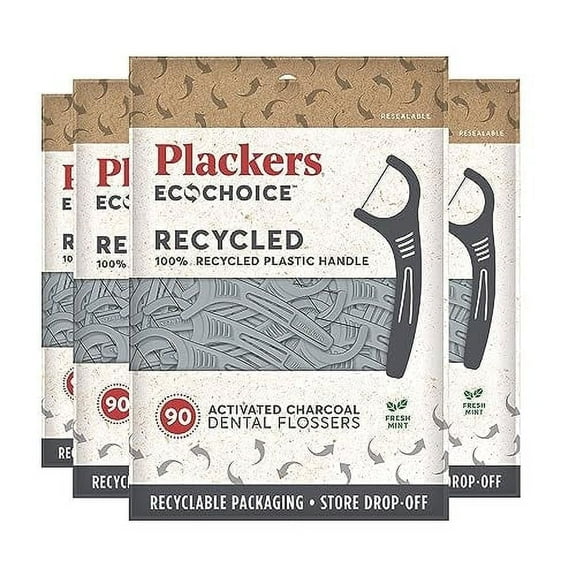 Plackers Ecochoice Activated Charcoal Recycled Dental Flossers, 90 Count (Pack of 4)