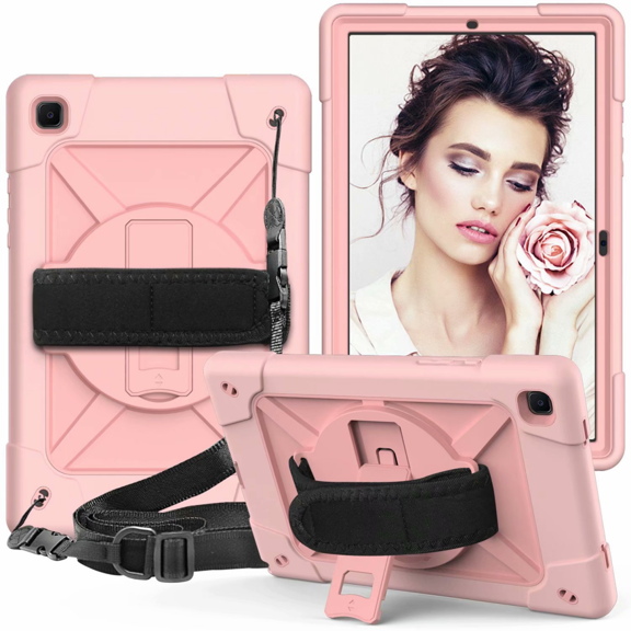 For Galaxy Tab A7 10.4" 2020/SM-T500/T505/T507 with Built-in Screen Protector and 360 Degree Swivel Stand and Hand and Shoulder Strap Case for Samsung Tab A7 10.4" - Rose Gold