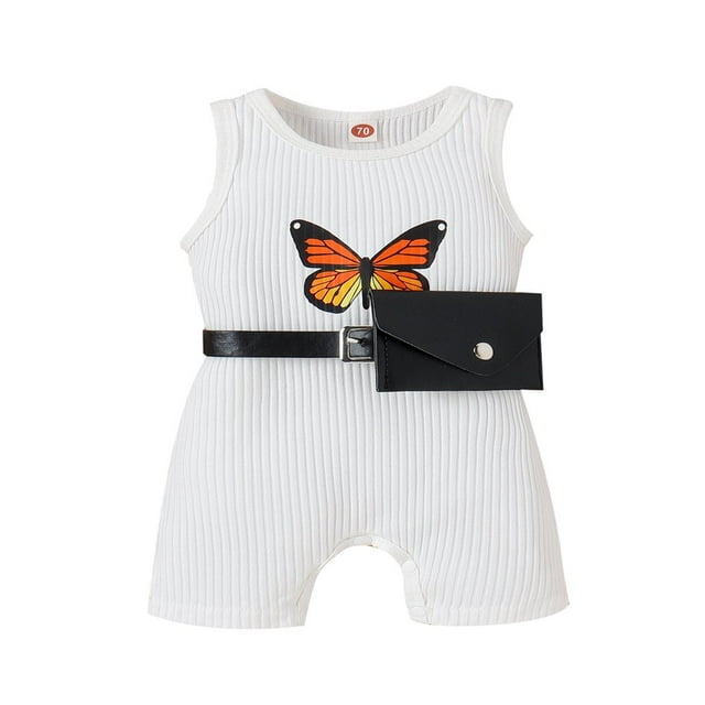 AMERTEER Girl Romper Butterfly Crew Neck Sleeveless Ribbed Summer Jumpsuits with Waist Bag