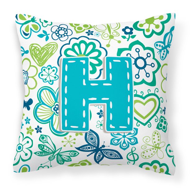 Letter H Flowers and Butterflies Teal Blue Fabric Decorative Pillow