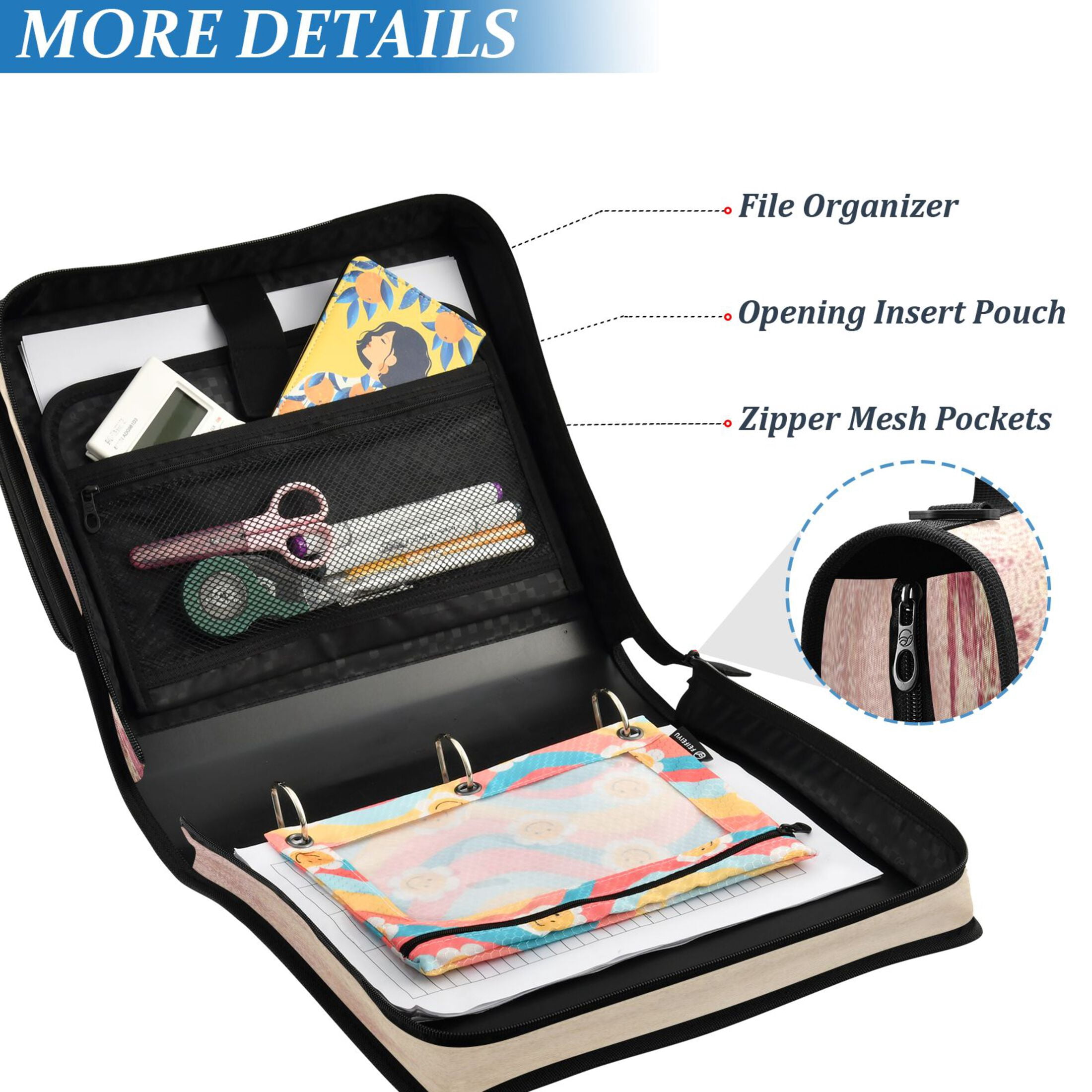 Water-Resistant 3-Ring Binder Organizer with Multiple Pockets Zipper Binder Bag for Office Roses and Leaves
