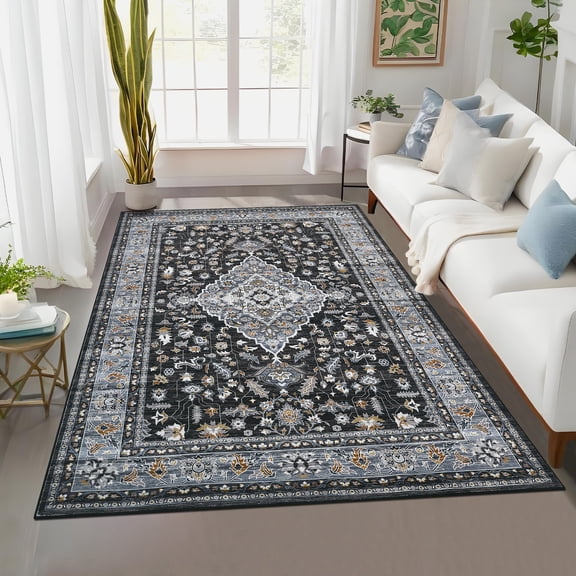 FairOnly Black 9'x12'Vintage Floral Printed Machine Washable Large Area Rug Non Slip Soft Medallion Oriental Carpet for Living Room Home Office