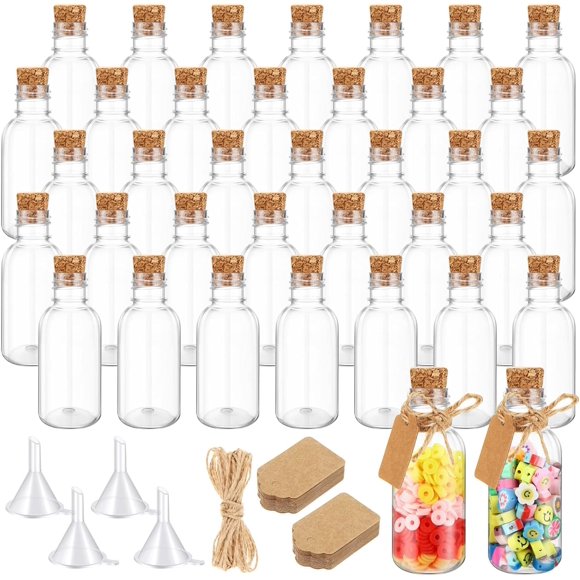 50 Pcs 1 oz Mini Plastic Sand Art Bottles with Lids Small Plastic Potion Bottles Spell Jars Vial Tiny Bottles with Twine and Blank Tags for Wedding Birthday Party Gift DIY Decoration (Brown)