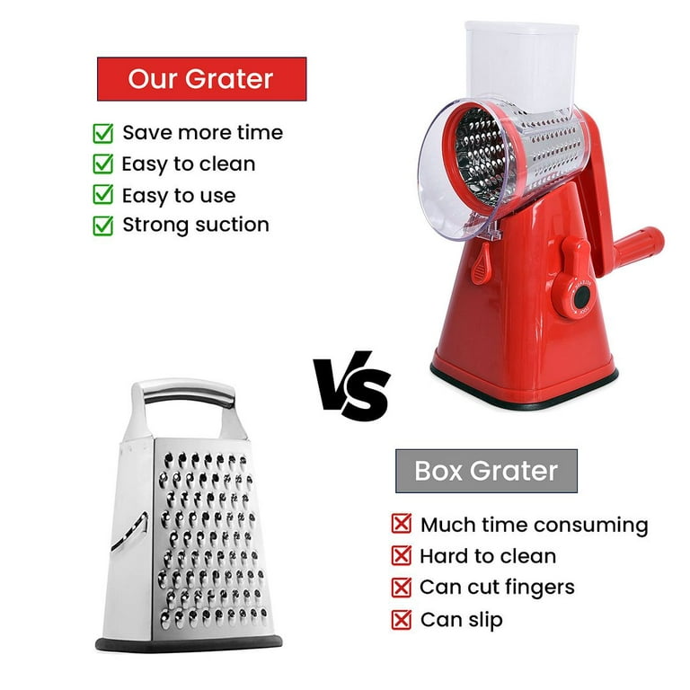 Red Cheese Grater Rotary Handheld with 3 Drum Blades, Grater Slicer  Shredder for Vegetables Carrots Nuts, Strong Suction, Easy to Use, Easy to  Clean