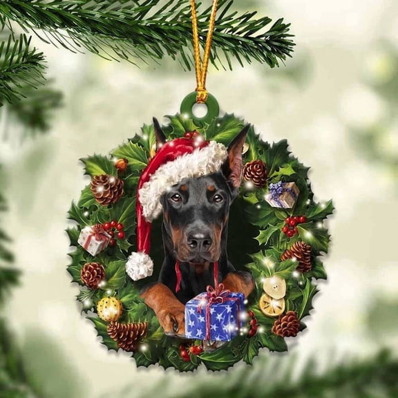 Acrylic 2D FLAT - Dobermann and Christmas Wreath Ornament gift for Dobermann lover ornament - Holiday Tree Decoration
