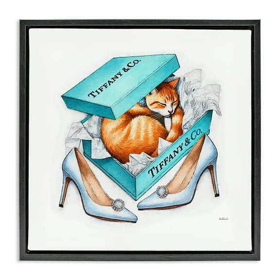 Stupell Industries Blue Shoebox with Cat Animals Painting Black Floater Framed Canvas Art Print Wall Art, 18 x 18