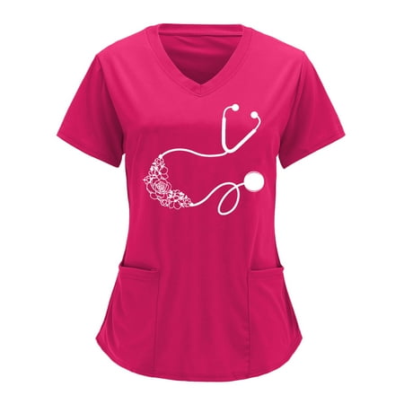 

TAIAOJING Women s Scrub Top V Neck Solid Color Overalls Partial Positioning Printing Solid Color Short Sleeve Top Overalls Top