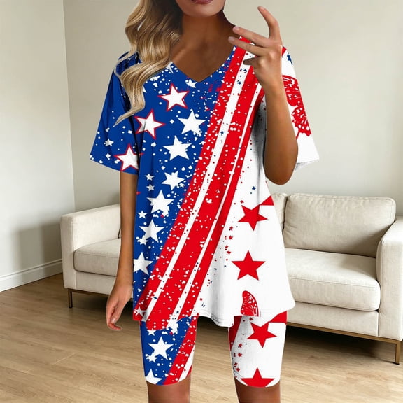 SOOMLON 4th of July Outfits for Women Plus Size V Neck Short Sleeve T Shirt Leggings Shorts 2 Piece Matching Outfit