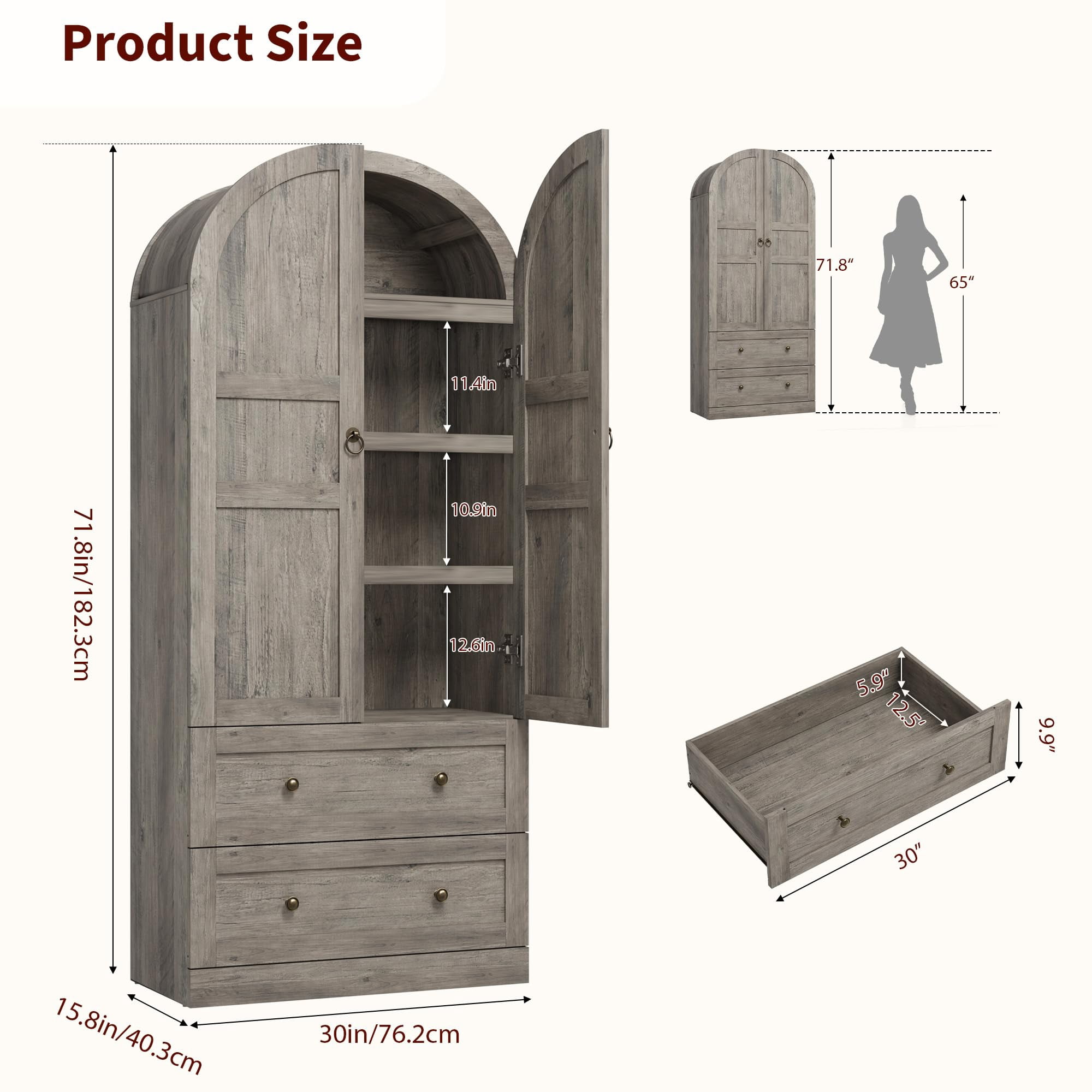 COZONY 72" Tall Arched Kitchen Pantry Cabinet, Farmhouse Wooden Storage with 2 Drawers & Wood Doors, Freestanding Buffet for Dining & Living Room,Gray