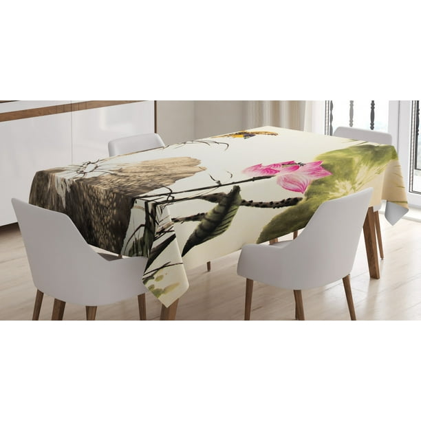 Art Tablecloth Bird Jumping Into A Lotus In Gloomy Setting Circle Of Life Chinese Culture Art Tablecloth Bird Jumping Into A, Chinese Round Table Furniture Cover