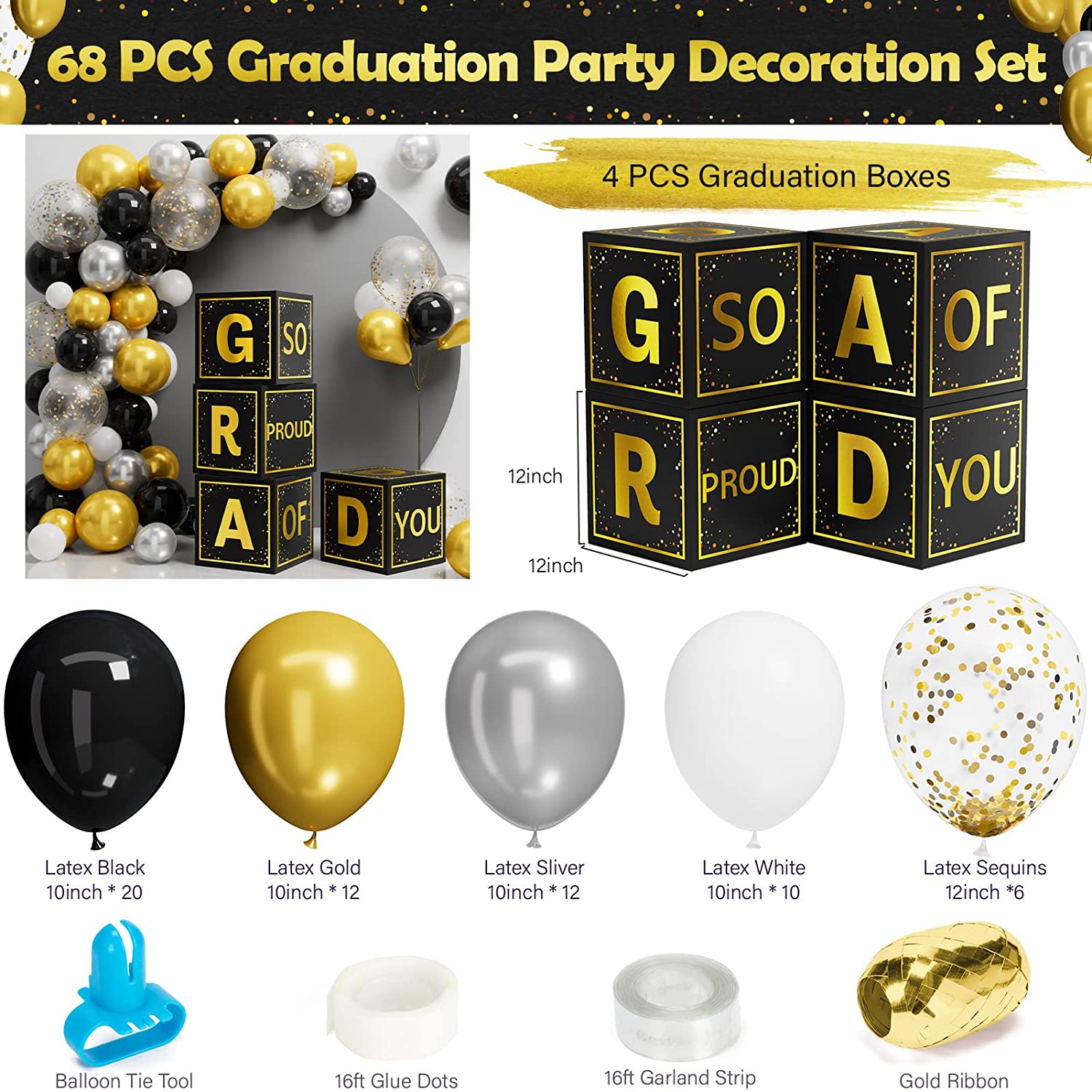 Graduation Party Decorations 2022 - 68 PCS College Graduation Party  Supplies Includes 4 PCS Grad Balloon Block Boxes wit