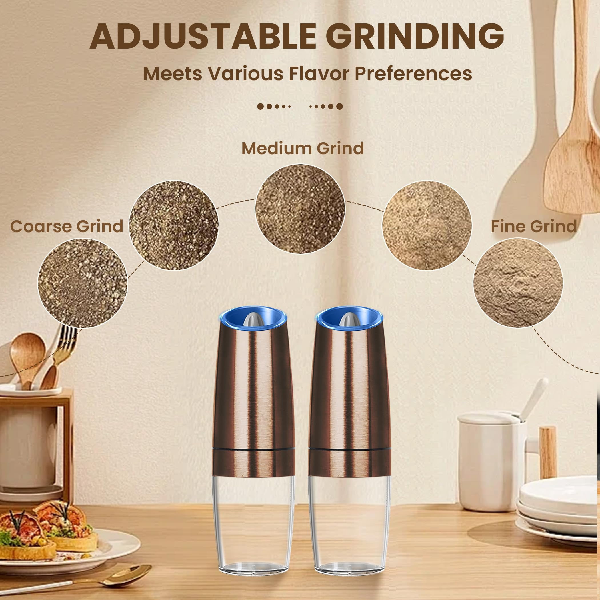 Electric Salt and Pepper Grinder Set, Battery Operated Automatic Grinders with Adjustable Coarseness and LED Light, 2 Pack, Black