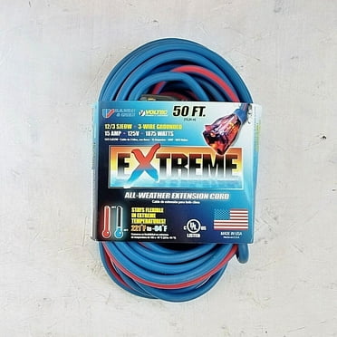 50' 12 Gauge Cold Weather Extension Cord w Lighted Outlet - Made in USA